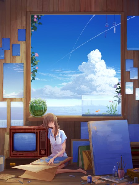 Anime picture 1200x1600 with original juuyonkou single long hair tall image fringe brown hair sitting sky cloud (clouds) eyes closed light smile girl flower (flowers) plant (plants) window sea apron bell fish (fishes)