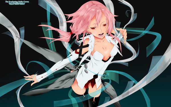 Anime picture 2560x1600 with guilty crown production i.g yuzuriha inori single highres short hair open mouth red eyes wide image pink hair girl thighhighs ribbon (ribbons) black thighhighs detached sleeves suit