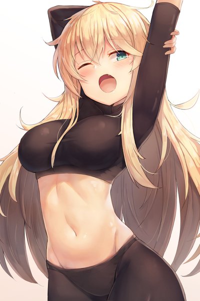 Anime picture 1100x1650 with girls frontline s.a.t.8 (girls frontline) motokonut single long hair tall image looking at viewer blush fringe breasts open mouth light erotic simple background blonde hair large breasts payot ahoge one eye closed aqua eyes arms up