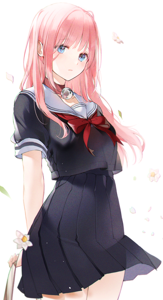 Anime picture 800x1467 with original 2sham single long hair tall image looking at viewer blush fringe blue eyes simple background standing white background holding payot pink hair parted lips pleated skirt wind blurry short sleeves