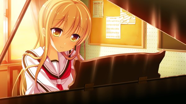 Аниме картинка 1280x720 с ichiban janakya dame desu ka? (game) futaba hisui один (одна) длинные волосы светлые волосы улыбка широкое изображение жёлтые глаза game cg девушка форма школьная форма фортепиано