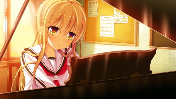 Anime picture 1280x720 with ichiban janakya dame desu ka? (game) futaba hisui single long hair blonde hair smile wide image yellow eyes game cg girl uniform school uniform piano