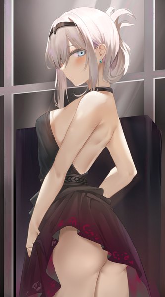 Anime picture 2500x4500 with girls frontline an-94 (girls frontline) an-94 (silent rouge) (girls' frontline) ru zhai single tall image looking at viewer blush fringe highres short hair breasts blue eyes light erotic large breasts standing ass indoors grey hair hair over one eye