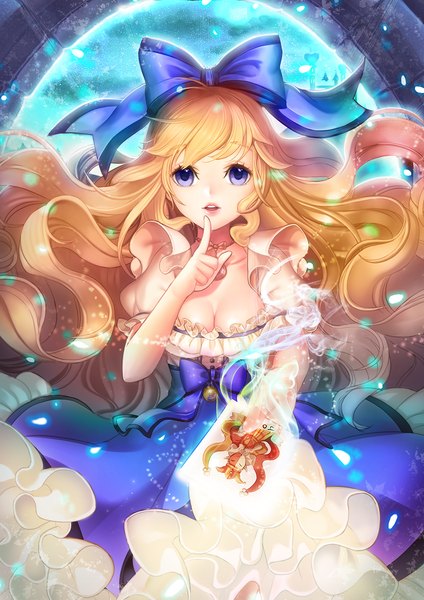 Anime picture 1133x1604 with alice in wonderland alice (wonderland) garam single long hair tall image looking at viewer open mouth blue eyes blonde hair finger to mouth girl dress bow hair bow petals
