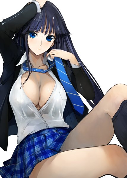 Anime picture 854x1196 with white album white album 2 touma kazusa pupps single long hair tall image looking at viewer breasts blue eyes light erotic simple background large breasts white background sitting blue hair open clothes no bra open shirt girl