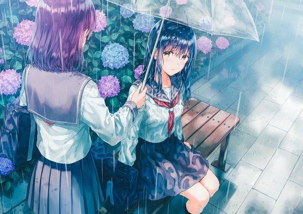 Anime picture 1414x1000 with original hiten (hitenkei) long hair blush fringe short hair black hair hair between eyes standing sitting multiple girls holding yellow eyes payot purple hair outdoors parted lips pleated skirt from behind arm support