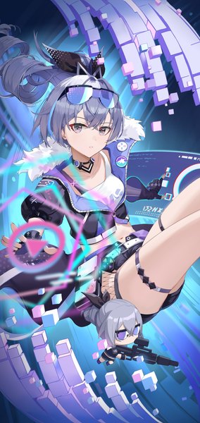 Anime picture 2590x5473 with honkai: star rail honkai (series) silver wolf (honkai: star rail) shi classmate single long hair tall image looking at viewer fringe highres hair between eyes ponytail grey hair bare legs grey eyes fur trim drill hair chibi partially open clothes goggles on head