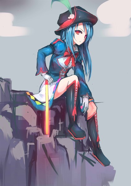 Anime picture 1667x2357 with touhou hinanawi tenshi neetsr single long hair tall image looking at viewer fringe red eyes sitting sky cloud (clouds) bent knee (knees) outdoors aqua hair arm support midriff orange eyes alternate costume mountain