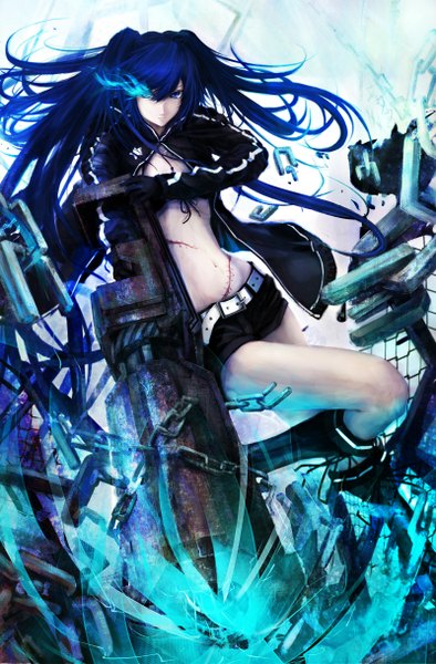 Anime picture 1600x2435 with black rock shooter black rock shooter (character) koukyou single long hair tall image blue eyes blue hair midriff legs glowing scar glowing eye (eyes) girl gloves navel shorts boots belt chain
