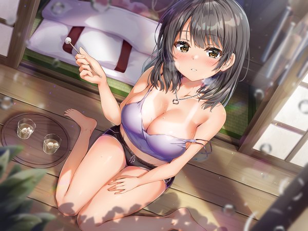 Anime picture 3000x2250 with original kuria (clear trip second) single long hair looking at viewer blush fringe highres breasts light erotic black hair large breasts sitting bare shoulders holding brown eyes outdoors parted lips head tilt barefoot