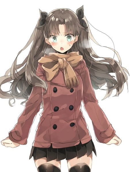 Anime picture 1024x1357 with fate (series) fate/stay night type-moon toosaka rin chibirisu single long hair tall image blush fringe open mouth simple background brown hair white background twintails aqua eyes zettai ryouiki looking down exhalation girl