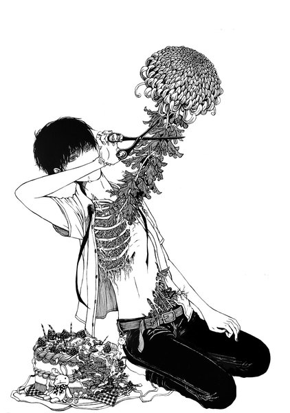 Anime picture 1055x1500 with original yokan ko (artist) tall image short hair black hair simple background white background sitting open clothes grey eyes open shirt monochrome bone (bones) guro boy flower (flowers) animal shirt food belt