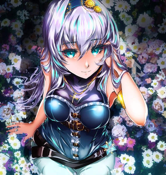Anime picture 1500x1580 with original gbsartworks single long hair tall image fringe hair between eyes sitting bare shoulders looking away purple hair aqua eyes light smile from above arm support sleeveless adjusting hair girl flower (flowers) hairband
