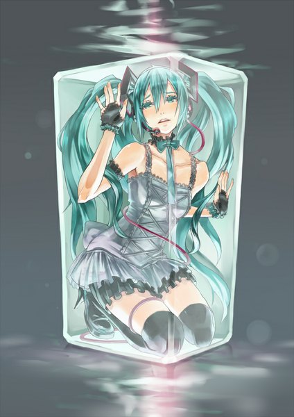 Anime picture 777x1100 with vocaloid hatsune miku 2d (artist) nidy-2d- single long hair tall image looking at viewer simple background sitting green eyes braid (braids) green hair grey background twin braids kneeling seiza girl dress gloves