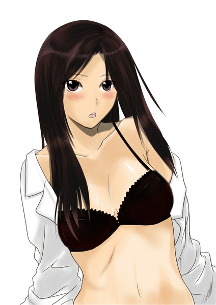 Anime picture 1190x1684 with sayamai miyabi (artist) single long hair tall image blush light erotic black hair simple background white background black eyes girl
