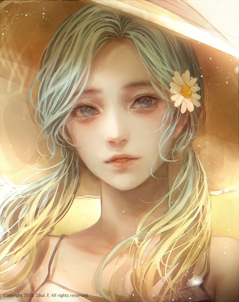 Anime picture 1000x1265 with original shale single long hair tall image looking at viewer blonde hair twintails bare shoulders signed parted lips hair flower lips realistic aqua hair grey eyes low twintails portrait gradient hair 2018
