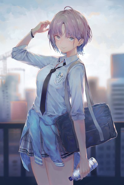 Anime picture 2884x4310 with idolmaster idolmaster shiny colors asakura tooru pigone single tall image looking at viewer fringe highres short hair blue eyes brown hair sky ahoge outdoors arm up blurry depth of field city plaid skirt