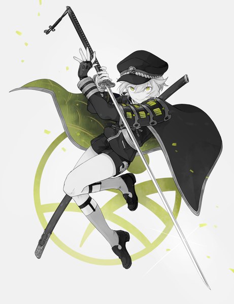 Anime picture 1000x1301 with touken ranbu nitroplus hotarumaru o-ishi single tall image looking at viewer fringe short hair simple background smile hair between eyes green eyes full body grey background monochrome spot color boy weapon petals