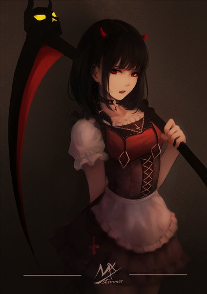 Anime picture 1428x2019 with original shimmer single tall image looking at viewer fringe short hair open mouth black hair simple background red eyes standing holding signed blunt bangs braid (braids) horn (horns) short sleeves lipstick side braid