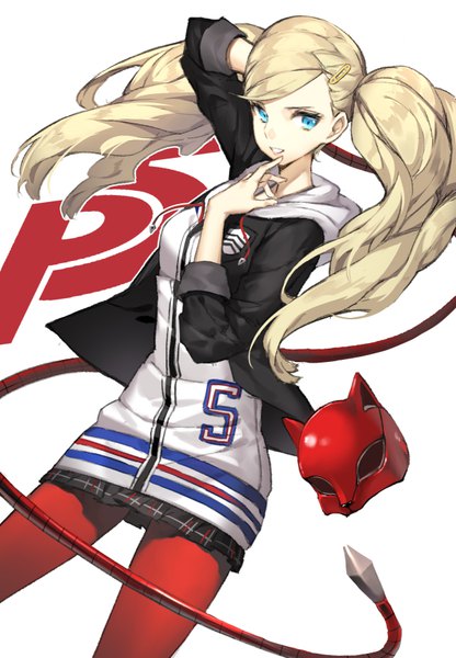 Anime picture 611x880 with persona 5 persona takamaki anne gustav cho single long hair tall image blue eyes blonde hair simple background white background twintails parted lips arm behind head hand to mouth girl pantyhose hairclip mask
