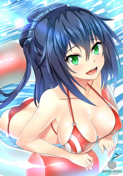 Anime picture 2800x4000 with original ayuzawa ayumi nez-kun (nezkunn) single long hair tall image blush fringe highres breasts open mouth light erotic hair between eyes large breasts bare shoulders green eyes signed blue hair cleavage ponytail