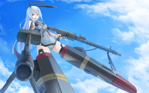 Anime picture 2000x1250 with infinite stratos strike witches 8bit laura bodewig sunimu long hair highres open mouth wide image animal ears sky silver hair cloud (clouds) bunny ears heterochromia girl weapon gun