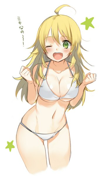 Anime picture 573x966 with idolmaster idolmaster (classic) hoshii miki kippu single long hair tall image blush breasts open mouth light erotic simple background blonde hair large breasts white background green eyes looking away ahoge one eye closed wink