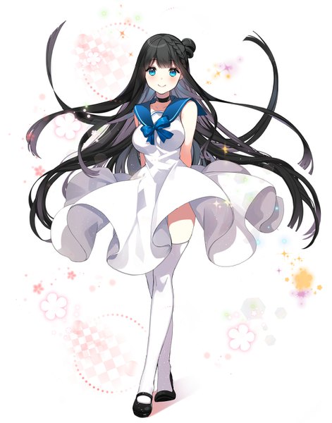 Anime picture 1000x1274 with original roh nam kyung single long hair tall image looking at viewer blush blue eyes black hair smile full body hair bun (hair buns) hands behind back sailor collar crossed legs (standing) girl thighhighs dress white thighhighs shoes