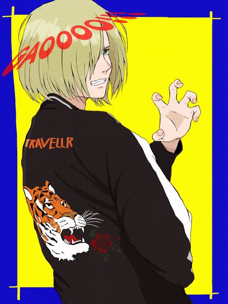 Anime picture 768x1024 with yuri!!! on ice mappa yuri plisetsky arashi (boom sate225) single tall image looking at viewer fringe short hair blue eyes blonde hair simple background upper body looking back from behind hair over one eye inscription text border yellow background