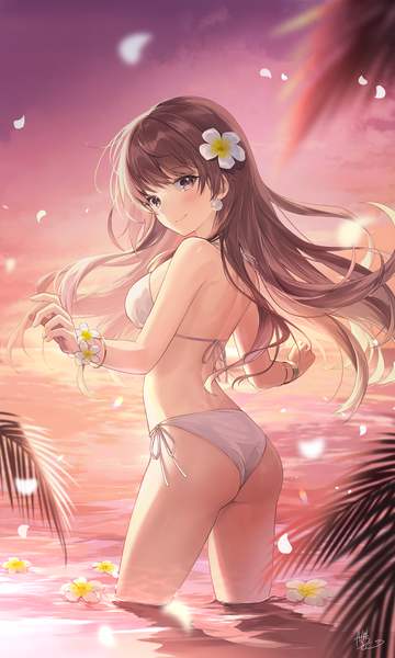 Anime picture 1800x3000 with original kagachi saku single long hair tall image looking at viewer blush fringe highres breasts light erotic smile brown hair standing brown eyes signed sky outdoors looking back hair flower
