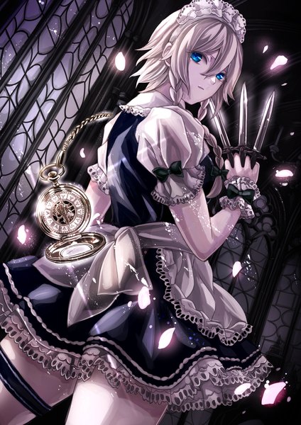 Anime picture 1341x1897 with touhou izayoi sakuya jan (lightdragoon) single long hair tall image looking at viewer fringe blue eyes hair between eyes standing holding payot silver hair indoors braid (braids) looking back night sparkle maid