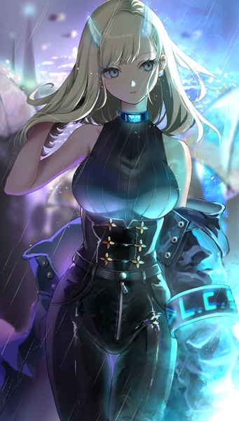 Anime-Bild 1150x2021 mit original setta shu single long hair tall image fringe breasts blue eyes blonde hair large breasts standing bare shoulders looking away outdoors blunt bangs arm up horn (horns) off shoulder open jacket thigh gap