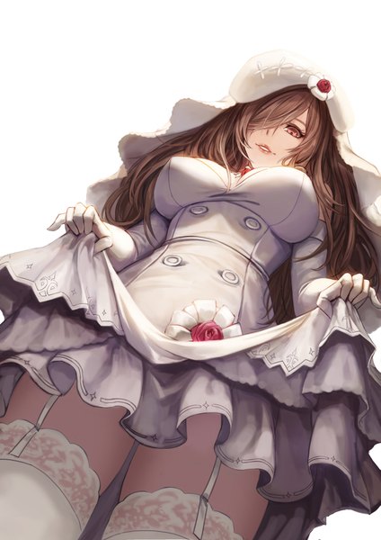 Anime picture 2893x4092 with girls frontline g36c (girls frontline) kibellin single long hair tall image fringe highres breasts light erotic simple background red eyes brown hair large breasts standing white background parted lips hair over one eye dutch angle looking down