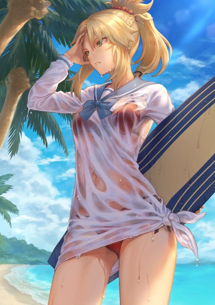 Anime picture 1302x1842 with fate (series) fate/grand order fate/apocrypha mordred (fate) mordred (swimsuit rider) (fate) mashuu (neko no oyashiro) single long hair tall image fringe breasts light erotic blonde hair hair between eyes standing holding green eyes payot looking away sky