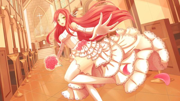 Anime picture 1920x1080 with league of legends katarina (league of legends) pudding-neaw single long hair blush highres wide image yellow eyes red hair scar girl thighhighs dress flower (flowers) petals white thighhighs bouquet wedding dress