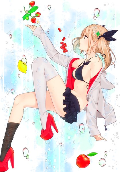 Anime picture 839x1200 with original ama mitsuki single long hair tall image blush breasts light erotic blonde hair brown eyes looking away bent knee (knees) open clothes open jacket high heels asymmetrical clothes girl thighhighs hair ornament swimsuit