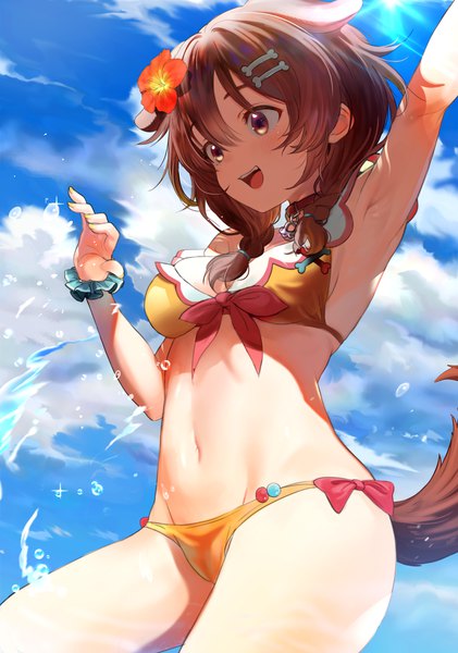 Anime picture 2048x2921 with virtual youtuber hololive inugami korone seicoh single tall image fringe highres short hair open mouth light erotic hair between eyes brown hair brown eyes animal ears looking away sky cloud (clouds) tail braid (braids)