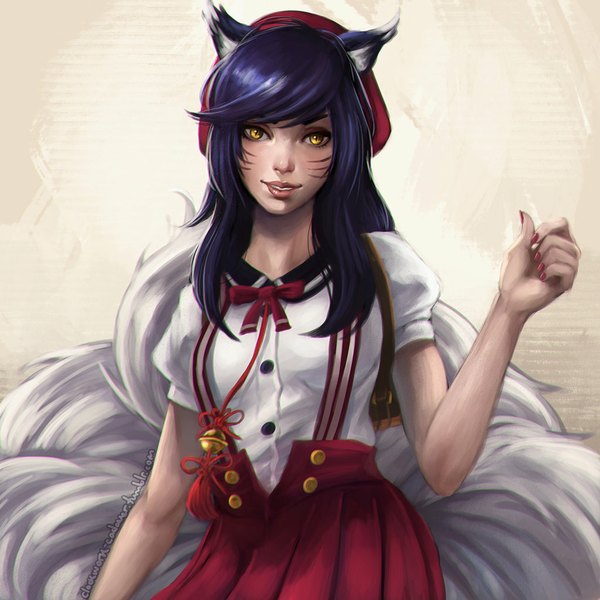 Anime picture 1024x1024 with league of legends ahri (league of legends) koyoriin single long hair breasts smile animal ears yellow eyes blue hair tail nail polish animal tail fingernails lips realistic alternate costume fox ears fox tail eyebrows