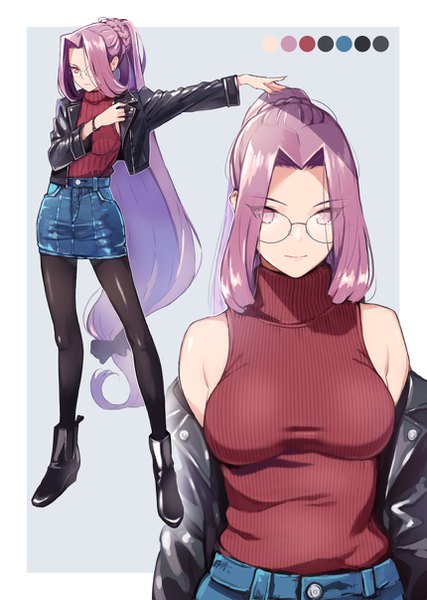 Anime picture 859x1208 with fate (series) fate/stay night rider doushimasho tall image looking at viewer fringe simple background standing purple eyes bare shoulders purple hair full body braid (braids) very long hair light smile off shoulder open jacket alternate costume outstretched arm