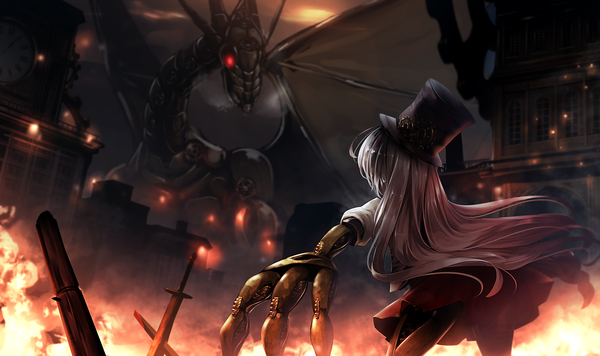 Anime picture 1516x900 with original ryosios long hair wide image silver hair outdoors from behind city glowing glowing eye (eyes) fantasy mechanical mechanical arms mechanical parts steam punk girl dress weapon sword building (buildings)