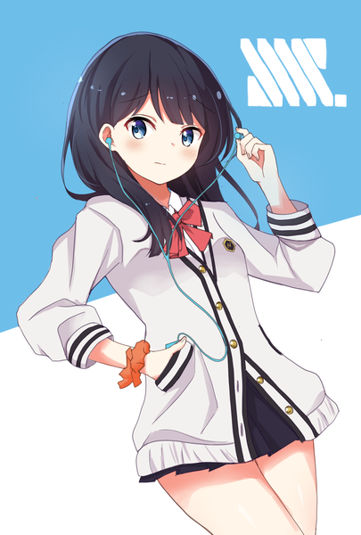 Anime picture 1181x1748 with gridman universe ssss.gridman studio trigger takarada rikka kousaka nobaku single long hair tall image looking at viewer blush fringe blue eyes black hair simple background standing white background copyright name blue background hand in pocket partially open clothes