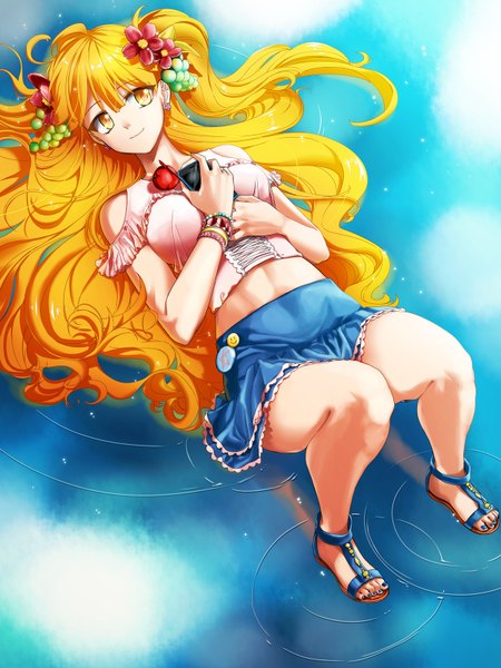 Anime picture 1200x1600 with original silver2079 single long hair tall image light erotic blonde hair smile bare shoulders yellow eyes nail polish barefoot hair flower on back legs hand on chest reflection toenails girl skirt