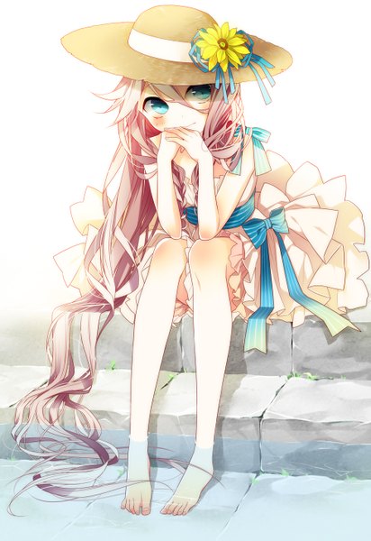 Anime picture 977x1422 with vocaloid ia (vocaloid) naoto (tulip) single tall image blush blue eyes sitting bare shoulders looking away pink hair very long hair barefoot light smile girl dress flower (flowers) bow hat water
