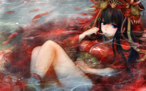 Anime picture 1500x938 with original zhang xiao bo single long hair looking at viewer fringe blue eyes black hair wide image traditional clothes chinese clothes reclining underwater hands on hips girl hair ornament ribbon (ribbons) animal water headdress