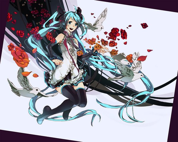 Anime picture 1000x801 with vocaloid hatsune miku gou (tomero) single open mouth twintails bare shoulders looking away full body ahoge very long hair aqua eyes aqua hair teeth jumping girl flower (flowers) detached sleeves animal petals