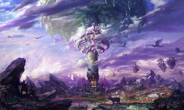 Anime picture 1600x960 with tera online wide image sky cloud (clouds) horn (horns) landscape rock warrior floating island weapon plant (plants) animal tree (trees) dragon island deer
