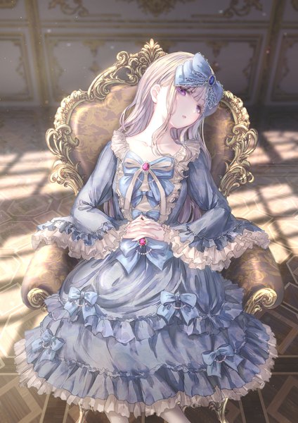 Anime picture 1302x1842 with original missle228 single long hair tall image looking at viewer fringe open mouth sitting purple eyes silver hair indoors blunt bangs head tilt wide sleeves :o frilled dress lolita fashion interlocked fingers girl