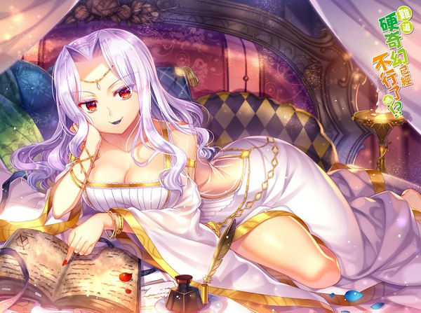 Anime picture 1200x895 with original capura lin single long hair breasts light erotic smile red eyes large breasts cleavage silver hair lying nail polish arm support lipstick girl dress petals bracelet white dress