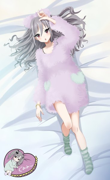 Anime picture 919x1500 with idolmaster idolmaster cinderella girls kanzaki ranko deresan gumimi single long hair tall image looking at viewer blush fringe open mouth hair between eyes red eyes signed silver hair full body bent knee (knees) lying from above :o