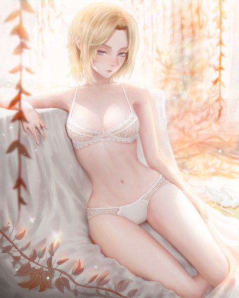 Anime picture 1600x2000 with shingeki no kyojin production i.g annie leonhart mcdobo single tall image looking at viewer short hair blue eyes light erotic blonde hair sitting underwear only girl navel underwear panties plant (plants) lingerie bra